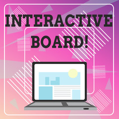 Word writing text Interactive Board. Business photo showcasing standalone touchscreen computer used independently Open Modern Laptop Switched On with Website Homepage on Screen Web Search