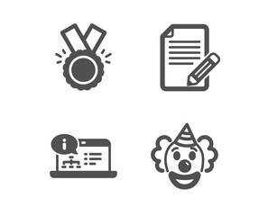 Set of Article, Honor and Online documentation icons. Clown sign. Feedback, Medal, Web engineering. Funny performance.  Classic design article icon. Flat design. Vector