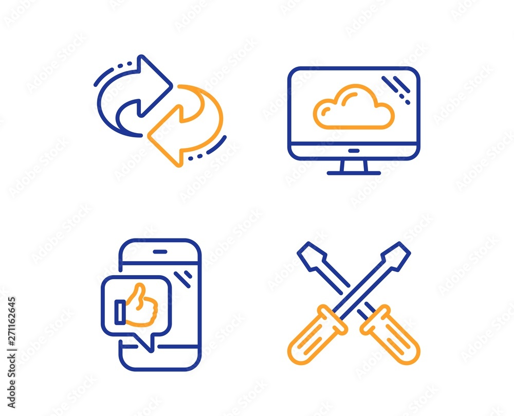 Poster refresh, cloud storage and mobile like icons simple set. screwdriverl sign. rotation, computer, phon