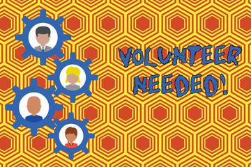 Writing note showing Volunteer Needed. Business concept for need work for organization without being paid Gearshaped picture frame family ornament Whole Family photo