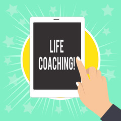 Writing note showing Life Coaching. Business concept for demonstrating employed to help showing attain their goals in career Female Hand with White Polished Nails Pointing Finger Tablet Screen Off