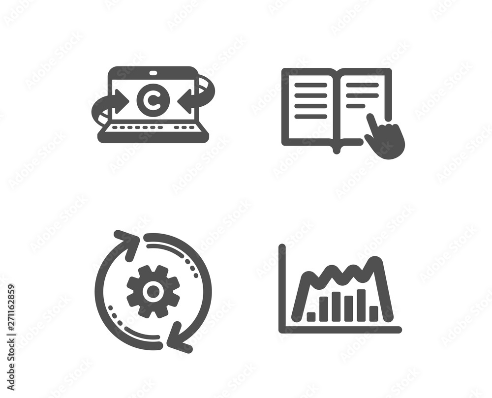 Poster set of copywriting notebook, read instruction and cogwheel icons. infographic graph sign. writer lap
