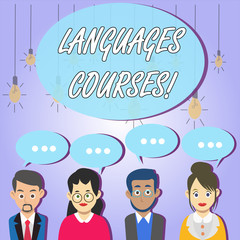 Writing note showing Languages Courses. Business concept for set of classes or a plan of study on a foreign language Group of Business People with Speech Bubble with Three Dots