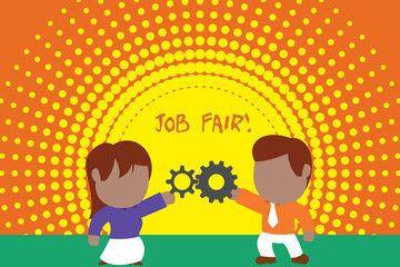 Writing note showing Job Fair. Business concept for event in which employers recruiters give information to employees Young couple sharing gear Man tie woman skirt relation