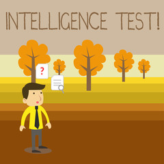 Text sign showing Intelligence Test. Business photo showcasing test designed to measure the ability to think and reason Young Male Businessman Office Worker Standing Searching Problem Solution