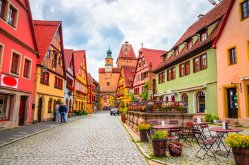 Beautiful streets in Rothenburg ob der Tauber with traditional German houses, Bavaria, Germany