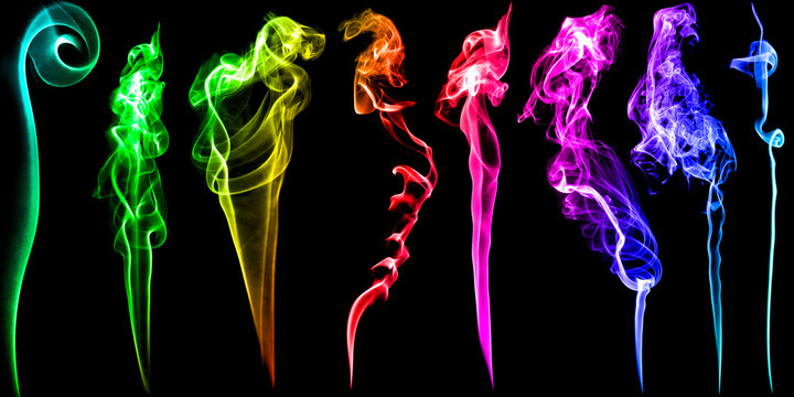 Set of multicolored fume and smoke on black background