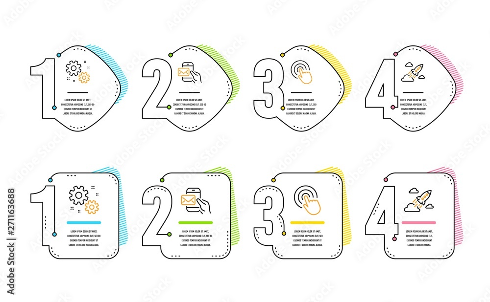 Poster click, messenger mail and work icons simple set. startup rocket sign. cursor pointer, new e-mail, se