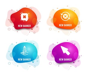Liquid badges. Set of Crowdfunding, Reject and Reject refresh icons. Mouse cursor sign. Start business, Delete message, Update rejection. Click arrow.  Gradient crowdfunding icon. Flyer fluid design