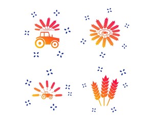 Fototapeta na wymiar Tractor icons. Wreath of Wheat corn signs. Agricultural industry transport symbols. Random dynamic shapes. Gradient tractor icon. Vector