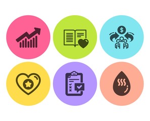 Heart, Sharing economy and Love book icons simple set. Checklist, Demand curve and Hot water signs. Star rating, Share. Flat heart icon. Circle button. Vector