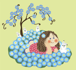 Illustration, a little girl is lying on the field with flowers, near a flowering tree and hares