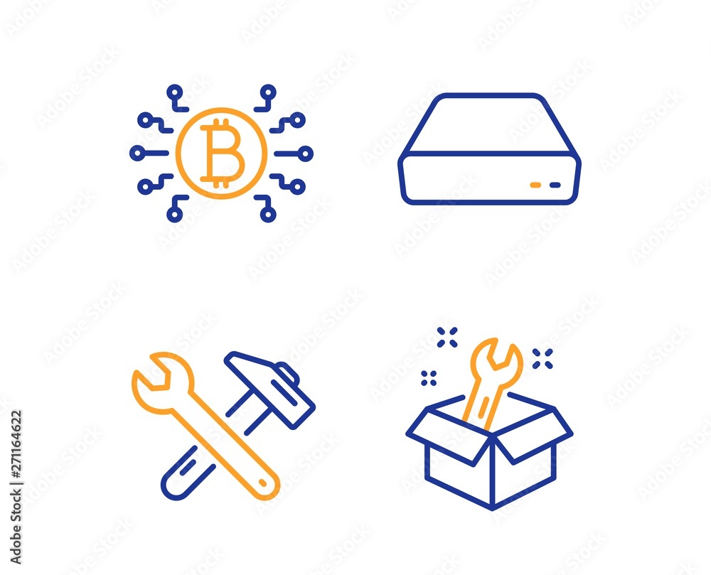 Poster mini pc, bitcoin system and spanner tool icons simple set. spanner sign. computer, cryptocurrency sc