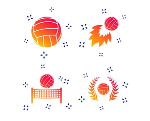 Fototapeta na wymiar Volleyball and net icons. Winner award laurel wreath symbols. Fireball and beach sport symbol. Random dynamic shapes. Gradient volleyball icon. Vector