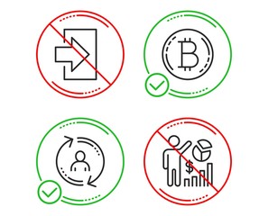 Do or Stop. Bitcoin, User info and Login icons simple set. Seo statistics sign. Cryptocurrency coin, Update profile, Sign in. Analytics chart. Technology set. Line bitcoin do icon. Prohibited ban stop