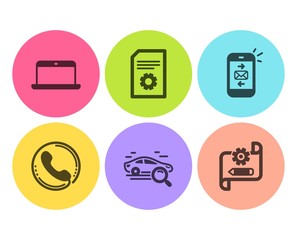 Laptop, Search car and Call center icons simple set. Mail, File settings and Cogwheel blueprint signs. Mobile computer, Find transport. Technology set. Flat laptop icon. Circle button. Vector