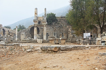 Archaeological ruins of the Temple of Domitian, along the Curetes Road in the ruins of Ephesus, Turkey near Selcuk.  Later dedicated to Emperor Vespasian.