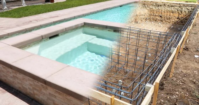 4k Swimming Pool Construction Site Fading Diagonally to Completion