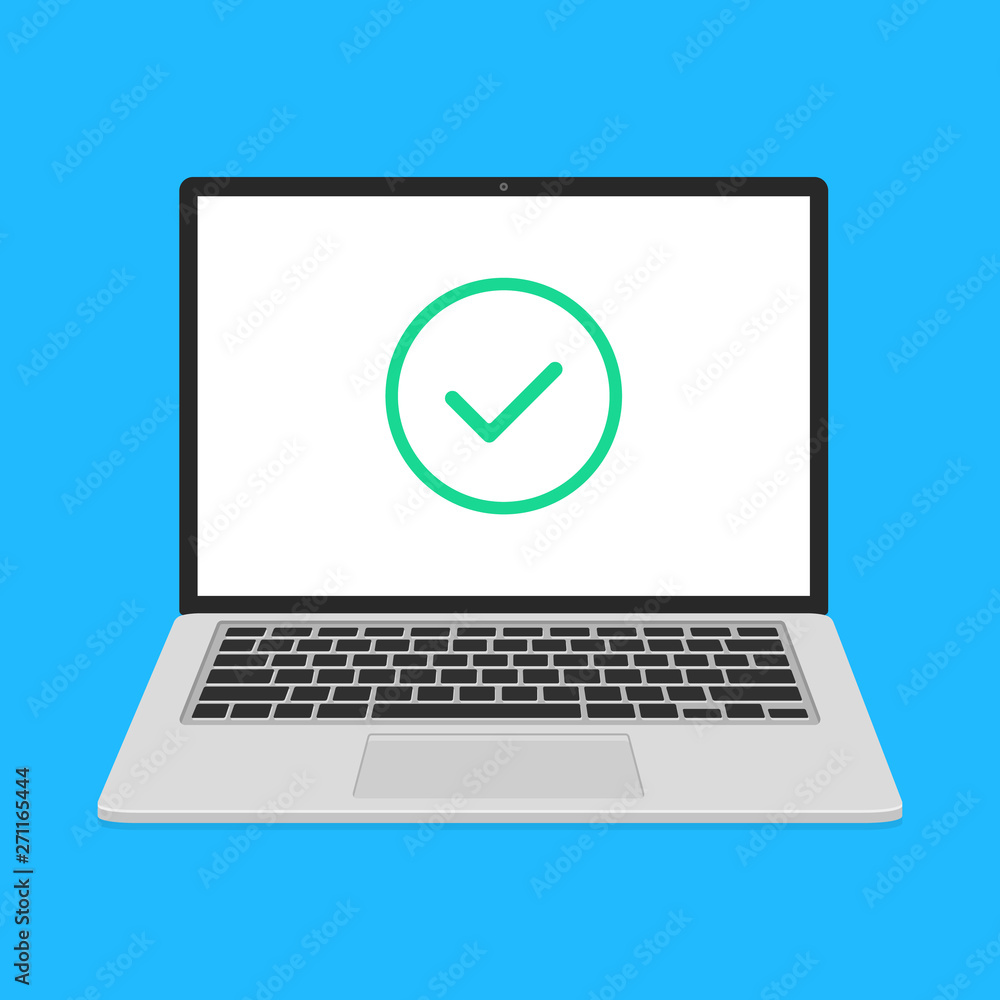 Poster laptop with check mark icon on screen. computer with green checkmark line icon. flat design. vector 