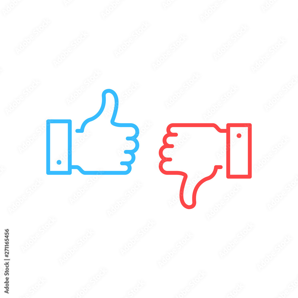 Poster like and dislike icons. blue thumbs up and red thumbs down button. simple linear outline style graph