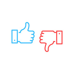 Like and dislike icons. Blue thumbs up and red thumbs down button. Simple linear outline style graphic elements. Vector line icons set isolated on white background