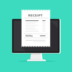 Receipt on computer screen. Vector illustration. Flat design. Digital invoice, online payment, electronic bill concepts