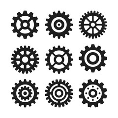 Vector gear icons set. Black cogwheels symbols isolated on white background