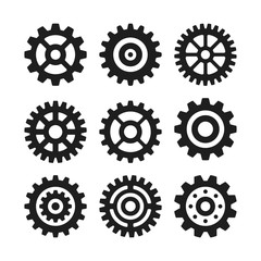 Vector gear icons set. Black cogwheels symbols isolated on white background