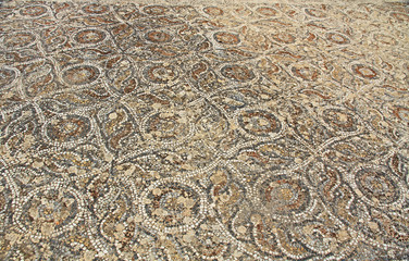 Mosaic tile floor along the Curetes Road in the ancient city ruins of Ephesus, Turkey near Selcuk.