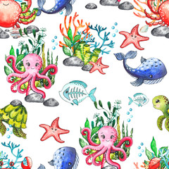 Fototapeta na wymiar Watercolor children's seamless patterns with underwater creatures: whale, turtle, crab, octopus, starfish, narwhal, jellyfish, seaweed, corals, shells for baby shower, shirt design, invitations
