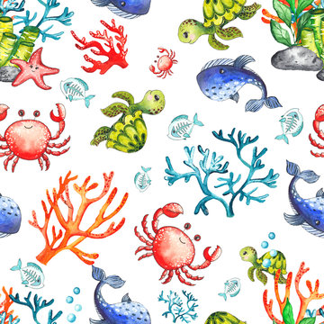 Watercolor children's seamless patterns with underwater creatures: whale, turtle, crab, octopus, starfish, narwhal, jellyfish, seaweed, corals, shells for baby shower, shirt design, invitations