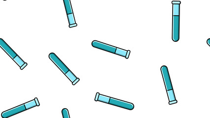 Seamless pattern texture of endless repetitive long blue medical chemical glass scientific test tubes of flasks cans on white background. Vector illustration