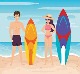 man wearing bathing shorts with surfboard and woman wearing swimsuit with hat and sunglasses