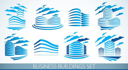 Office buildings set, modern architecture vector illustrations. Real estate realty business center designs. 3D futuristic facades in big city. Can be used as a logos or icons.