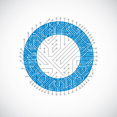 Round circuit board with electronic components of technology device. Computer motherboard cybernetic colorful vector abstraction.
