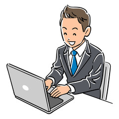 ノートパソコンを操作するスーツの男性　笑顔