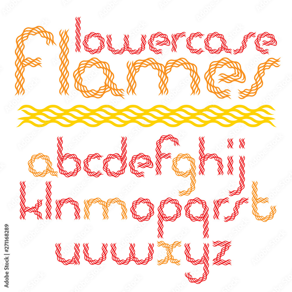 Aufkleber vector script, modern rounded alphabet letters set made with red infernal blaze