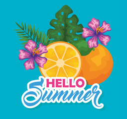 orange fruit with exotic flowers and leaves