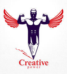 Strongman muscle man combined with pencil and wings into a symbol, strong design concept, creative power allegory, vector perfect classic style logo or icon.