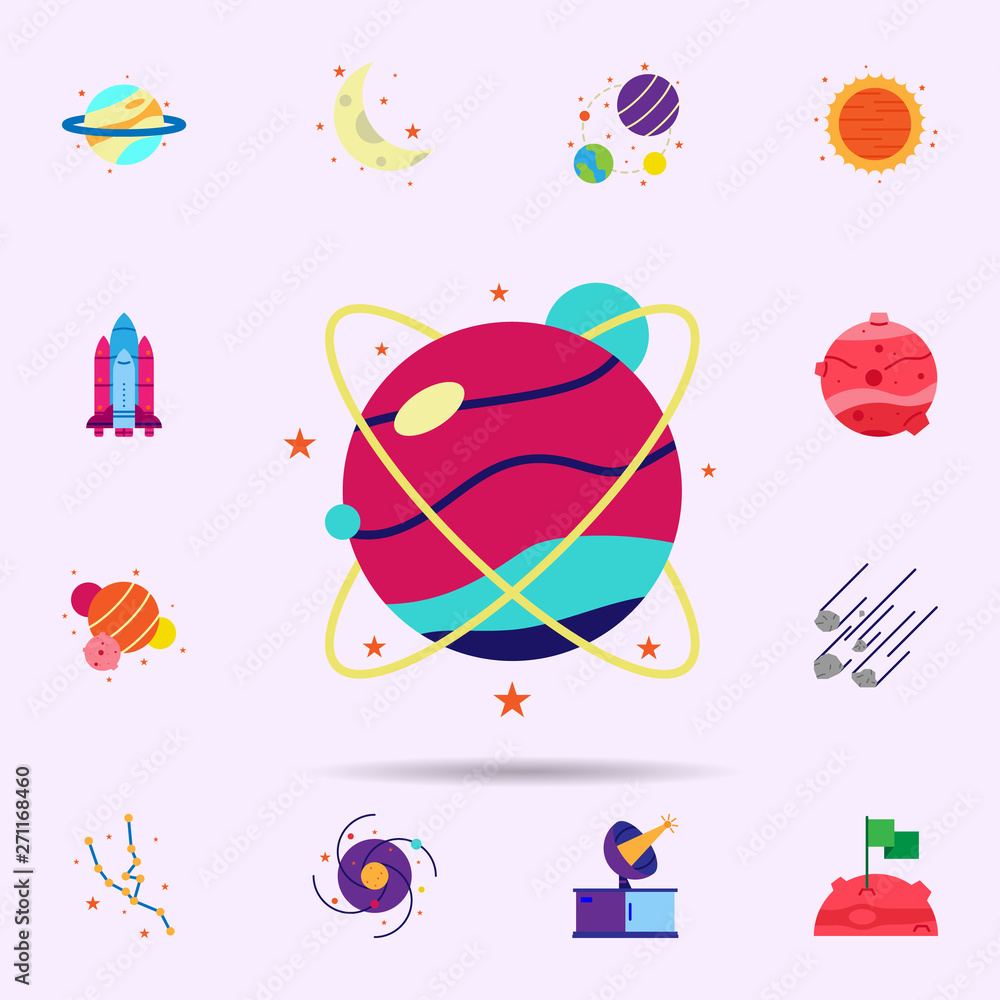 Poster space, planets color icon. universal set of space for website design and development, app developmen