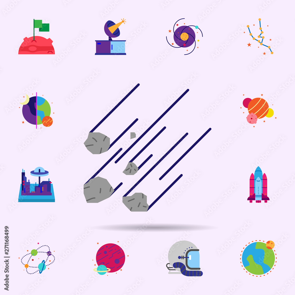 Poster space, asteroid color icon. universal set of space for website design and development, app developme