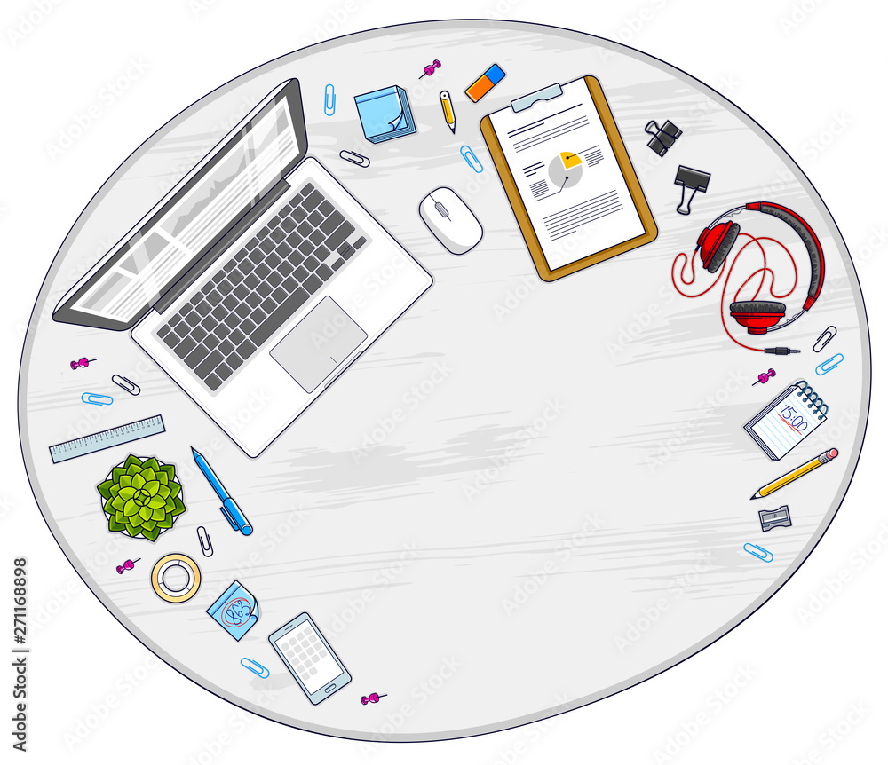 Fototapete work desk workspace top view with pc notebook and a lot of different stationery objects on table wit
