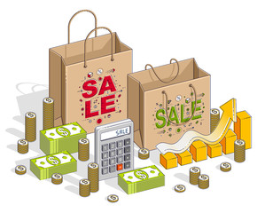 Big Sale concept, Retail, Sellout, Shopping Bag with cash money stacks and calculator isolated on white background. Vector 3d isometric business and finance illustration, thin line design.