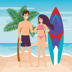 woman with swimsuit and man with bathing shorts and surfboard