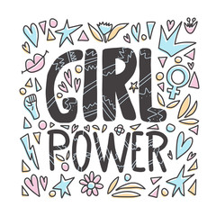 Girl power poster. Vector concept text with decor.