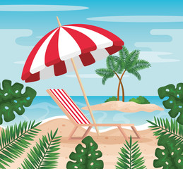 tanning chair with umbrella and leaves plants in the beach