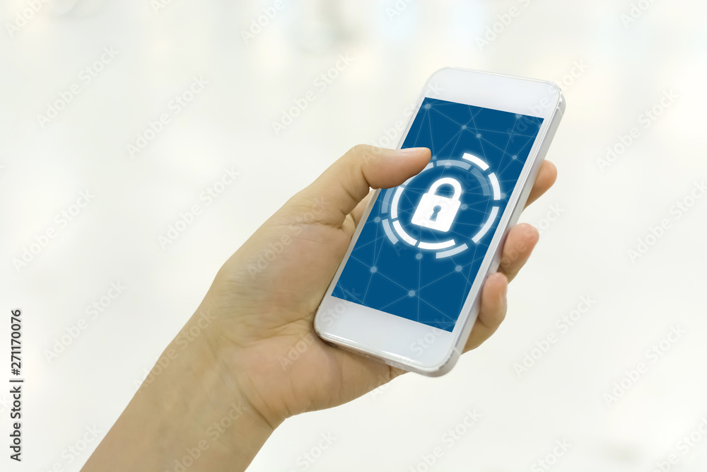 Poster woman using smartphone with icon graphic cyber security network of connected devices and personal da