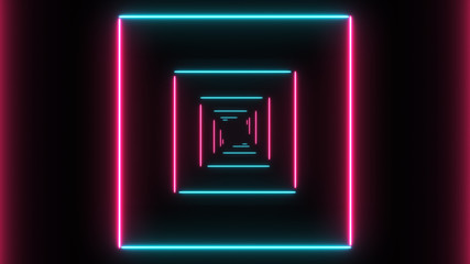 Abstract background with neon squares with Light Lines Moving Fast. Different Colors Background. Futuristic Tunnel with Neon Lights.