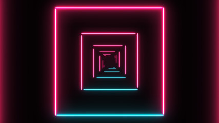 Abstract background with neon squares with Light Lines Moving Fast. Different Colors Background. Futuristic Tunnel with Neon Lights.