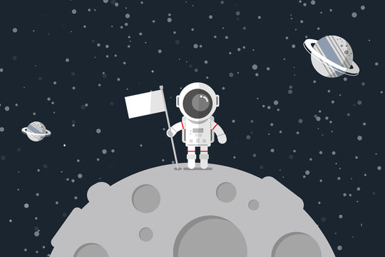 Flat design, Astronaut stand on the moon with a flag, Vector illustration, Infographic Element